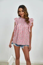 Ruffled Ditsy Floral Mock Neck Cap Sleeve Blouse (10)
