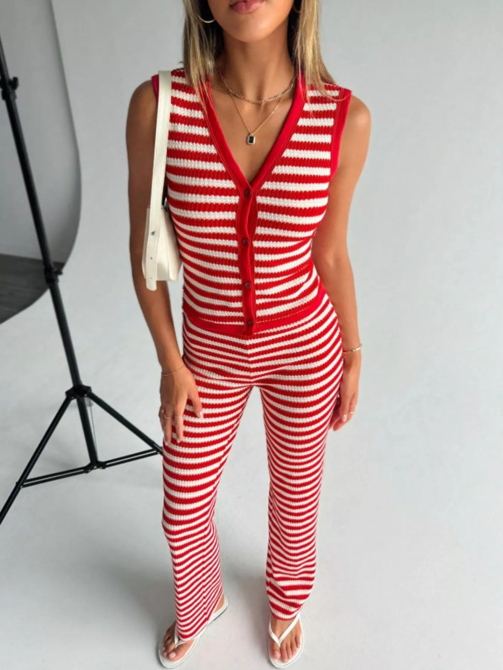 Striped Knit V-neck Button-up Sleeveless Top Flare Pants Set (22)