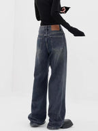 Retro Dark Blue Wide Leg Jeans Baggy Straight Trousers photo 6