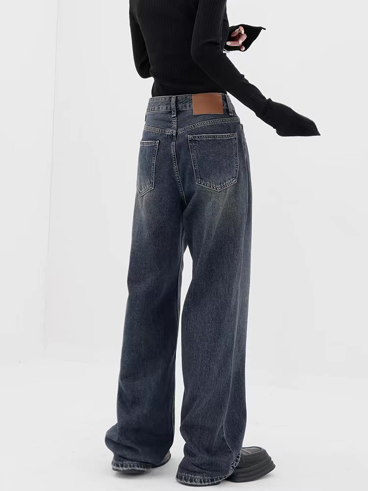 Retro Dark Blue Wide Leg Jeans Baggy Straight Trousers photo 6