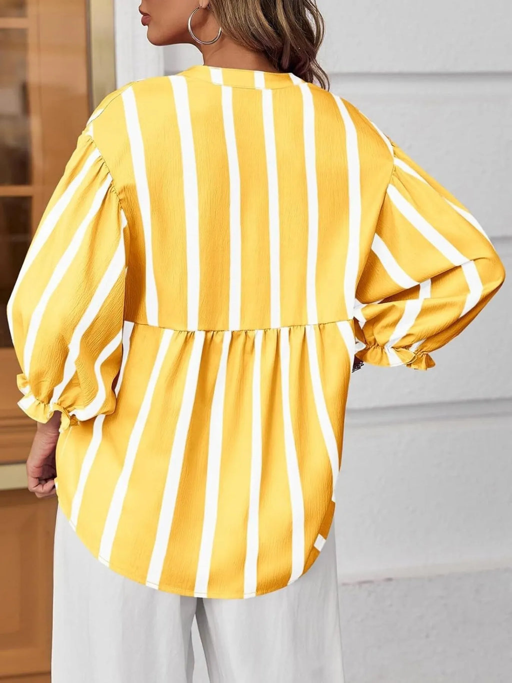 Striped Button Front Notched Blouse (17)