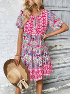 Printed Tie Neck Short Sleeve Dress (2)