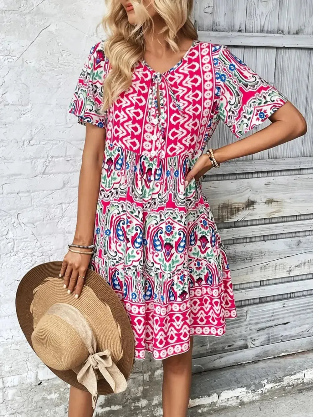 Printed Tie Neck Short Sleeve Dress (2)
