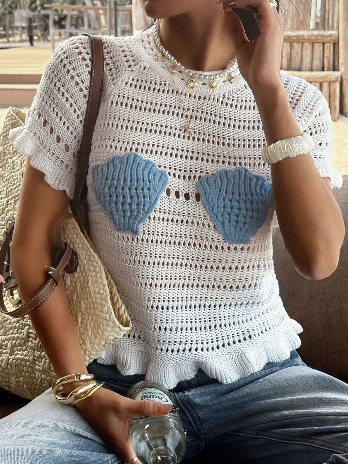 Openwork Ruffled Hem Knit Top (4)