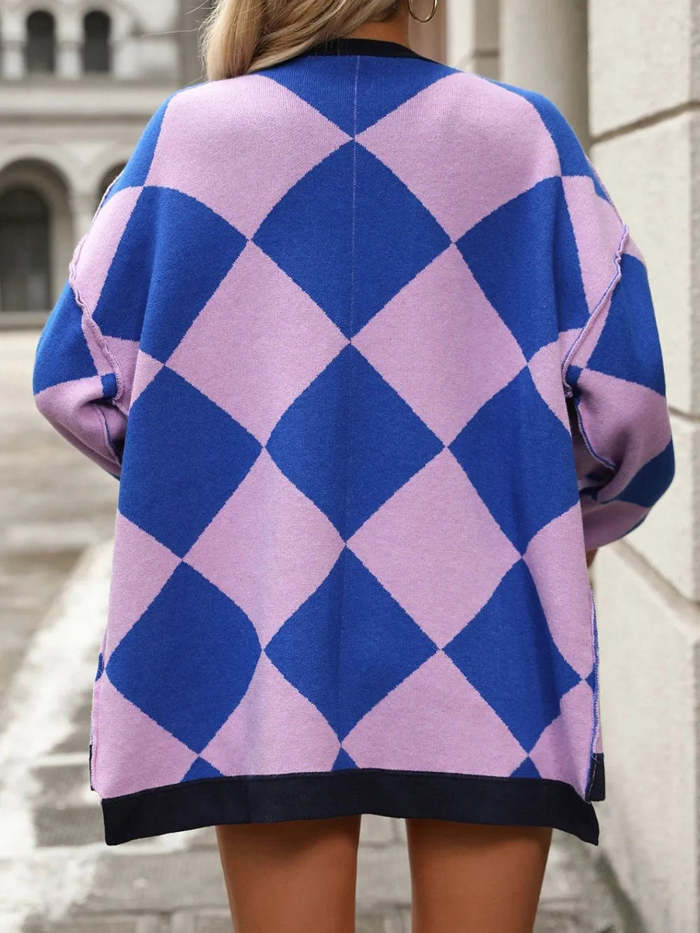 Checkered Dropped Shoulder Long Sleeve Cardigan (2)