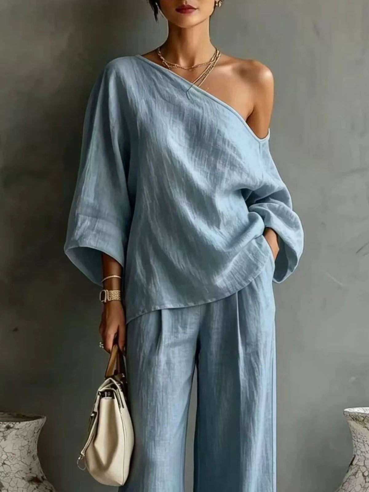 One Shoulder Top Wide Leg Pants Set (8)