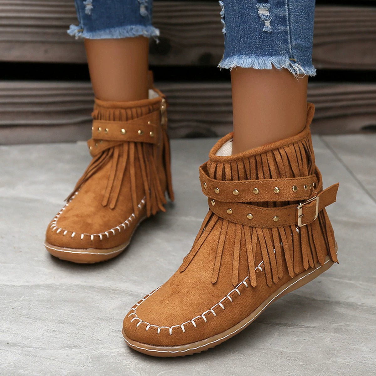 Fringe Studded Suede Flat Boots (3)