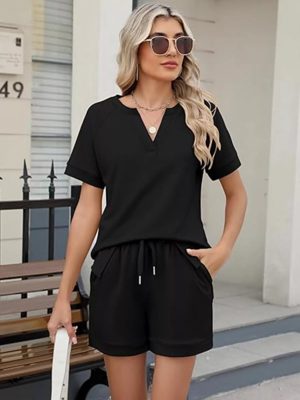 Solid Color Short Sleeve Top Shorts Two-piece Set (12)