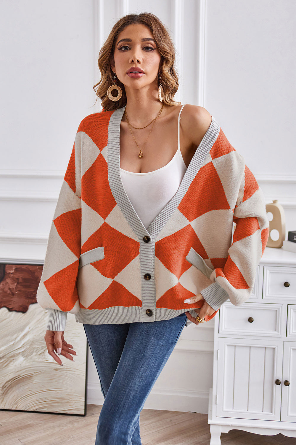 Geometric Lantern Sleeve Cardigan Pockets (10)