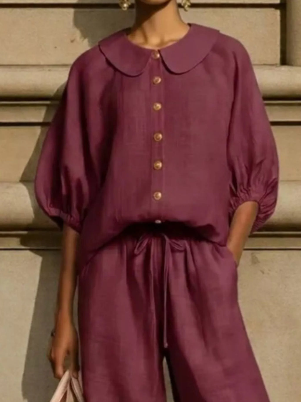 Full Size Button Down Half Sleeve Top Pants Set Plus (6)