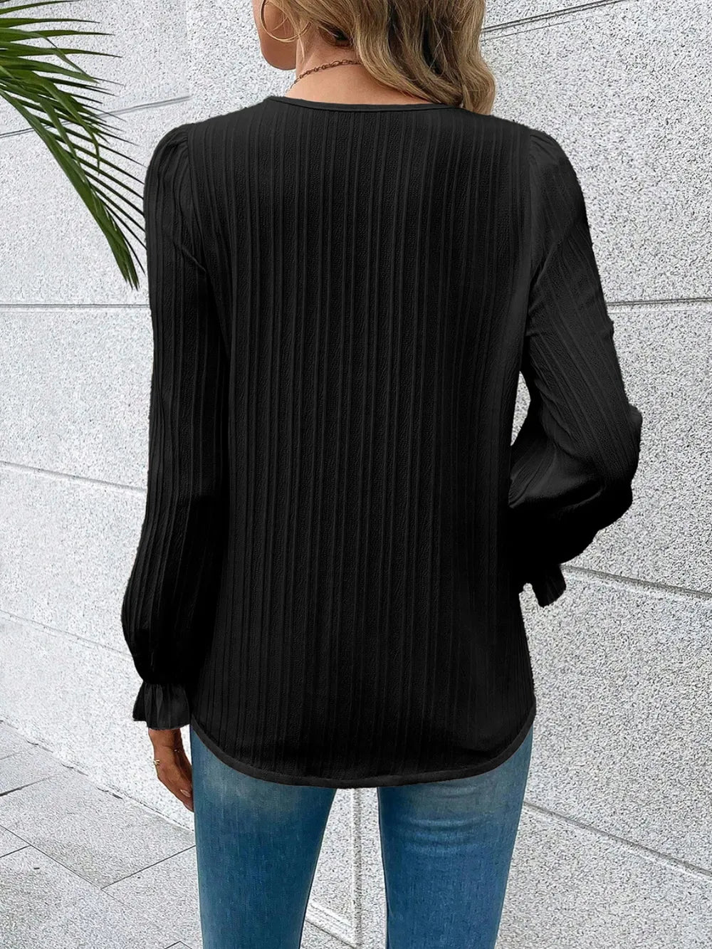V-neck Lace Detail Flounce Sleeve Blouse (11)