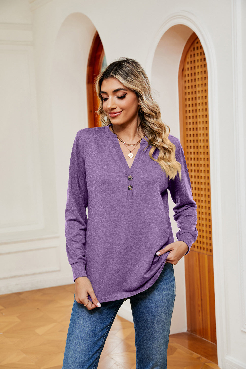 Buttoned Notched Neck Long Sleeve Top (27)