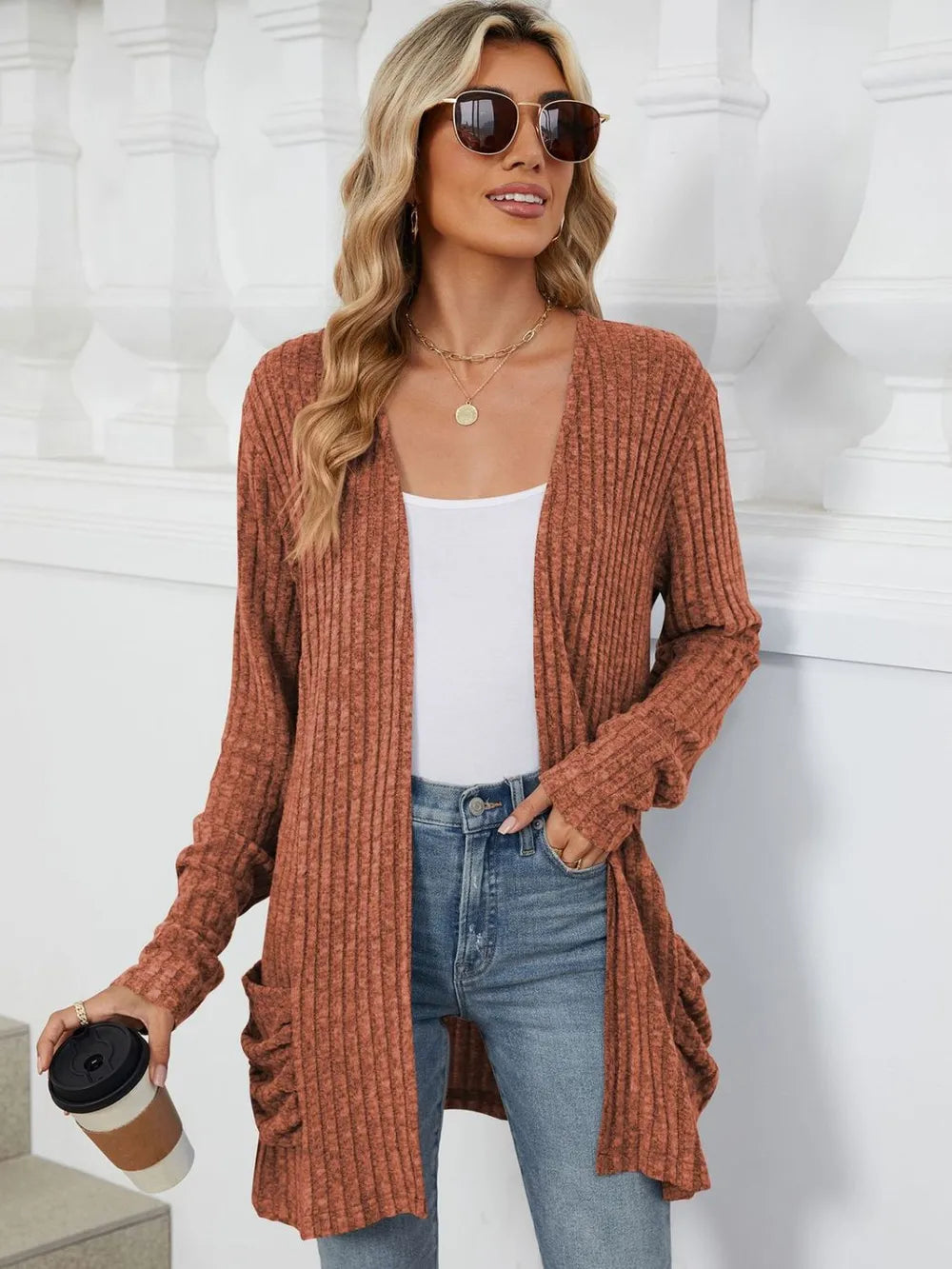 Pocketed Open Front Long Sleeve Cardigan (5)