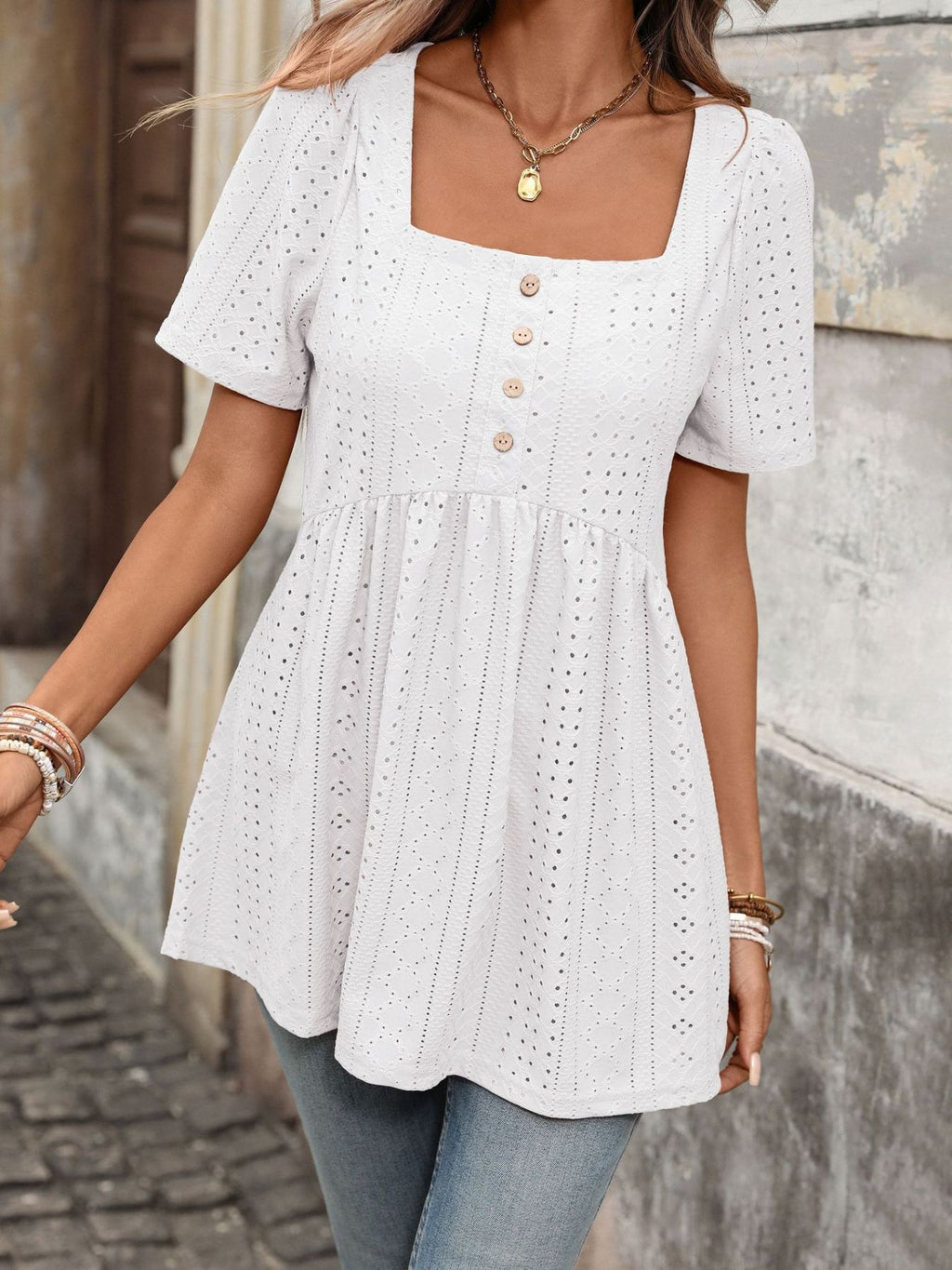 Eyelet Square Neck Short Sleeve Top (14)