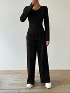 Ribbed V-neck Long Sleeve Top Pocketed Pants Set (13)
