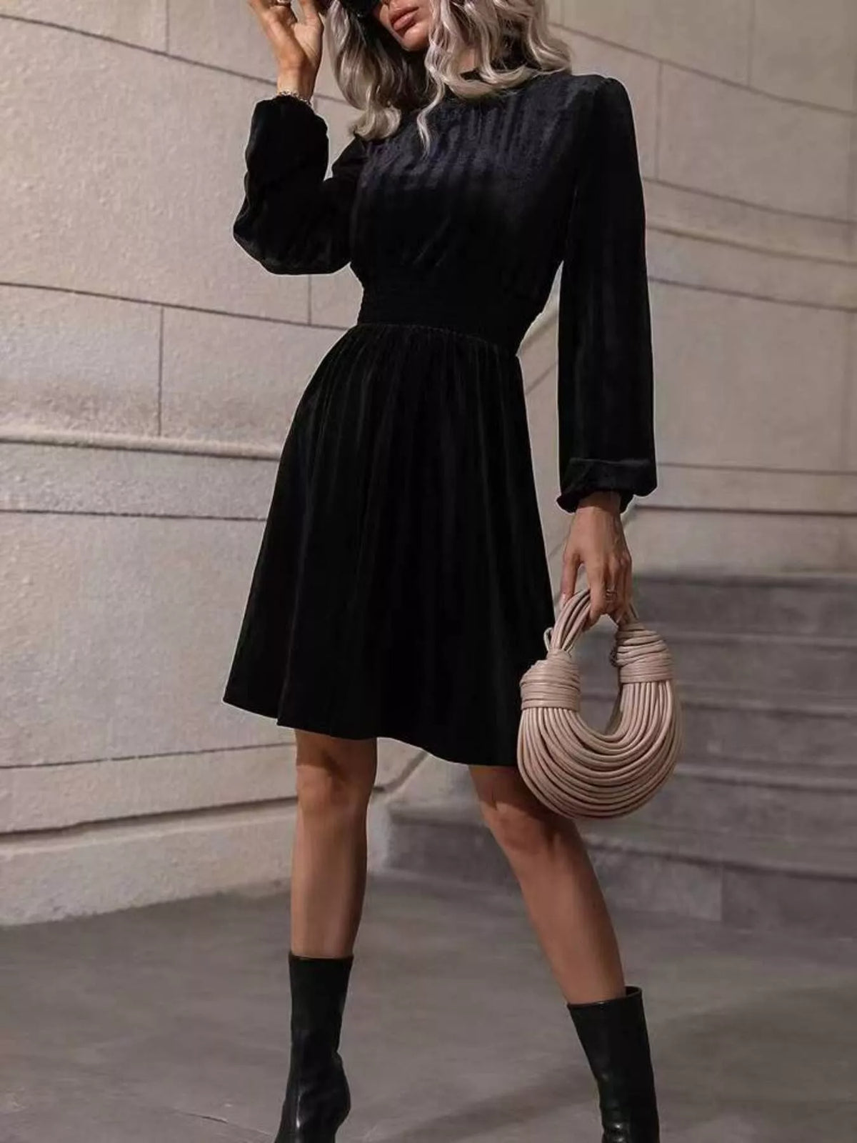 Velvet High Neck Long Sleeve A-line Dress (9)