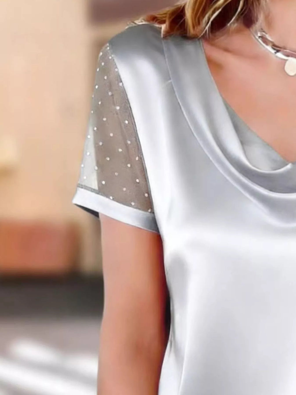 Cowl Neck Polka Dot Short Sleeve Top (17)