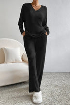 Ribbed V-neck Top Pants Set (6)