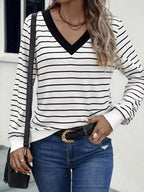 Striped V-neck Long Sleeve T-shirt (5)