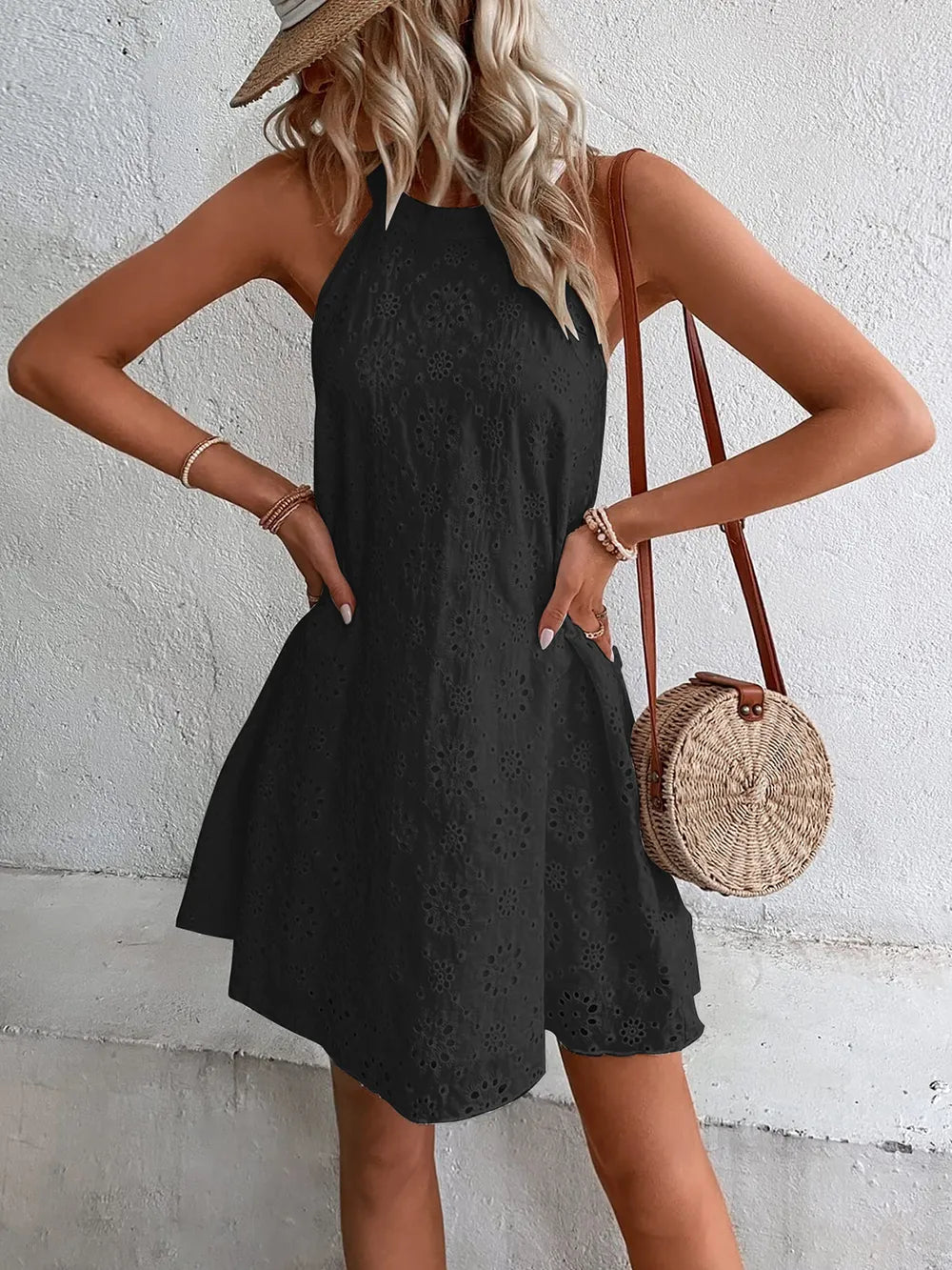 Eyelet Grecian Neck Mini Dress (12)