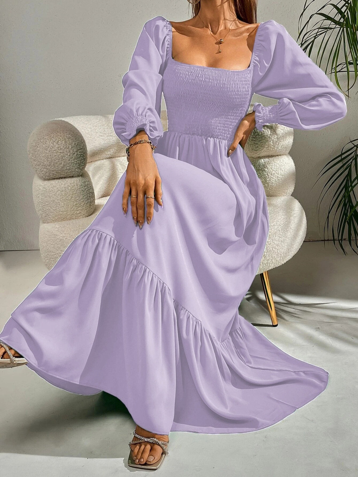 Smocked Long Sleeve Midi Dress (7)