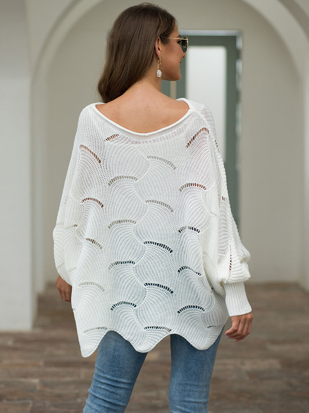 Full Size Boat Neck Lantern Sleeve Openwork Knit Top (2)