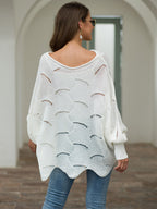 Full Size Boat Neck Lantern Sleeve Openwork Knit Top (2)