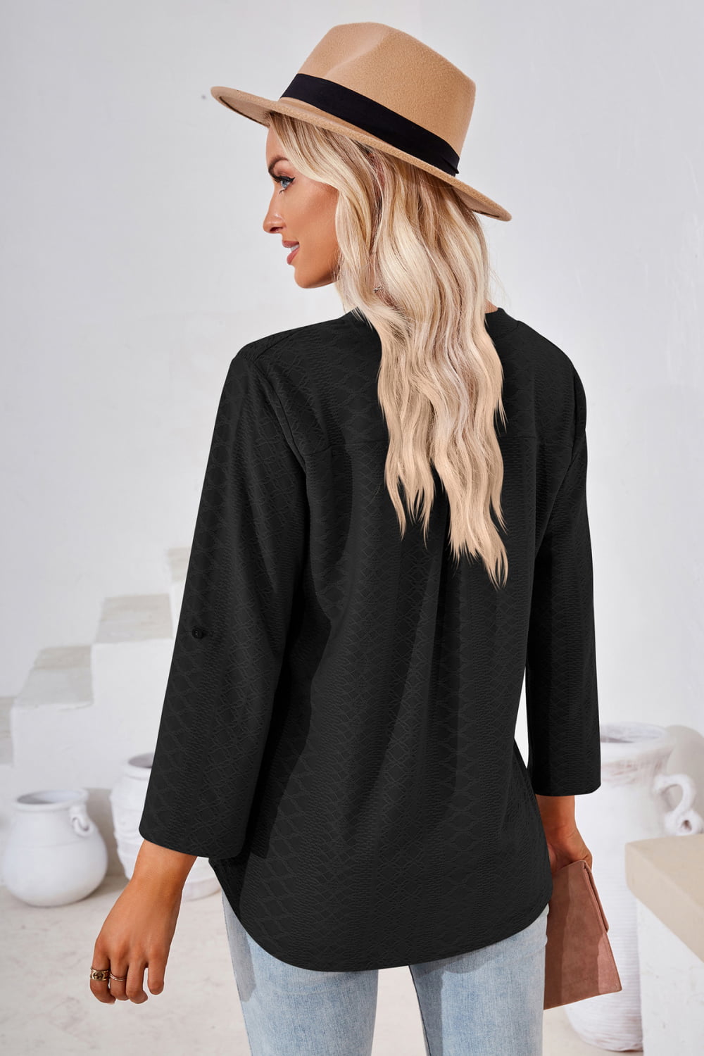 V-neck Roll-tap Sleeve Blouse (5)