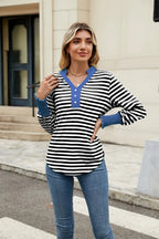 Contrast Striped Notched Long Sleeve Top (14)