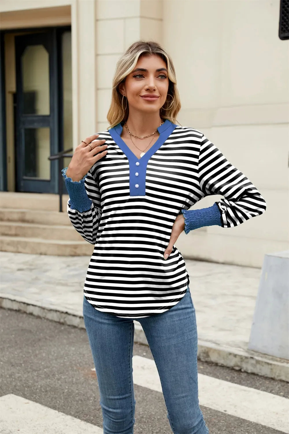 Contrast Striped Notched Long Sleeve Top (14)
