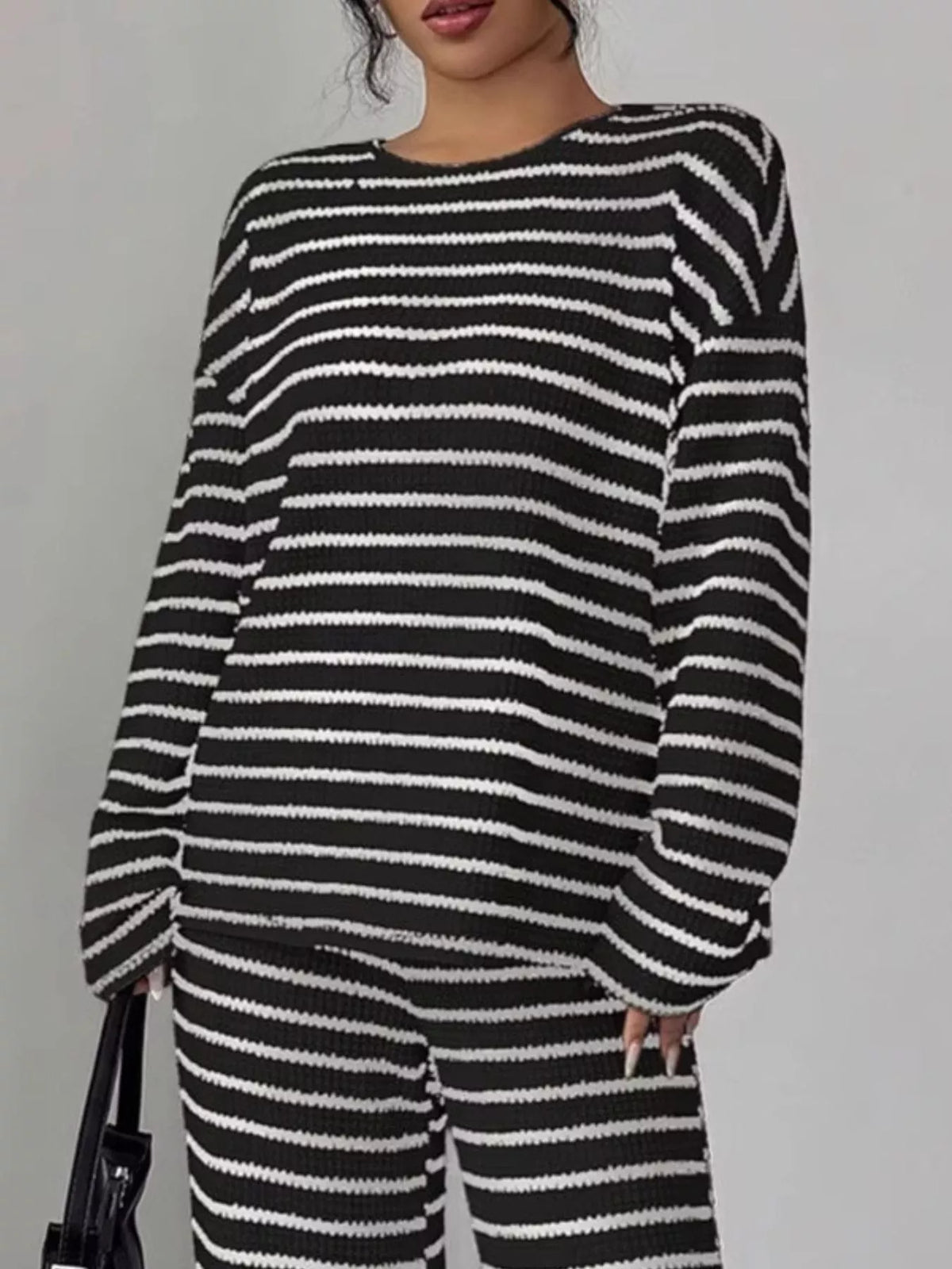 Striped Knit Dropped Shoulder Top Pants Set (7)