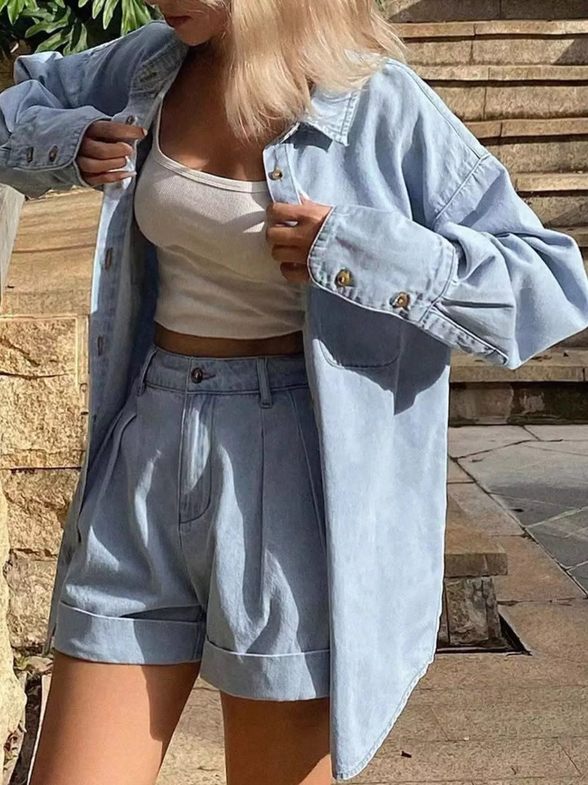 Button Up Long Sleeve Shirt Shorts Denim Set (2)