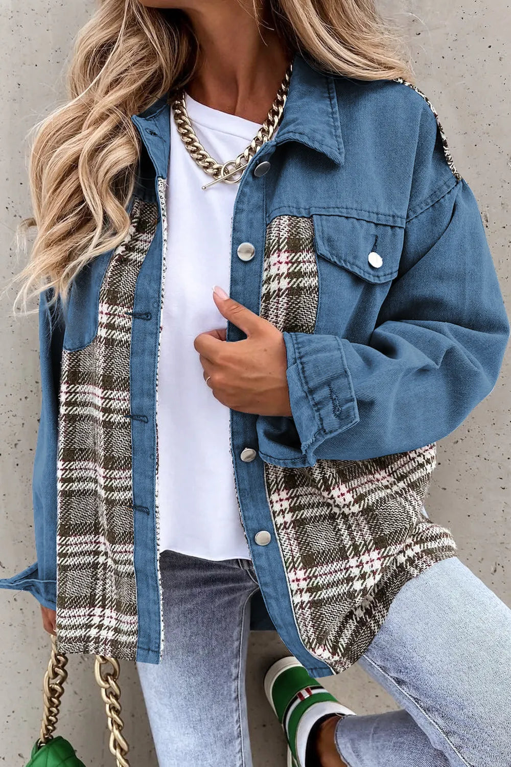 Plaid Pocketed Button Up Denim Jacket (11)