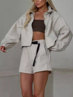 Drawstring Zip-up Jacket Shorts Set (19)