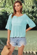 Openwork Round Neck Half Sleeve Knit Top (13)