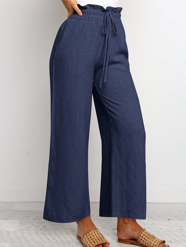 Elastic Waistband Lace-up Wide Leg Pants Solid Color Cropped (22)