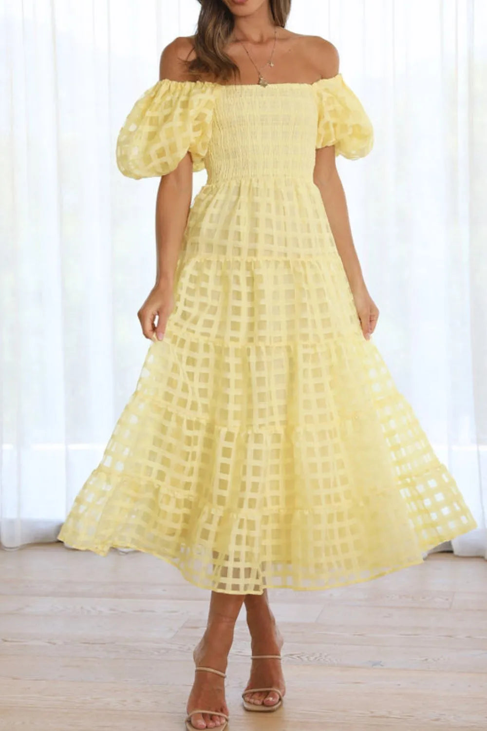 Off Shoulder Short Puff Sleeve Midi Dress (7)