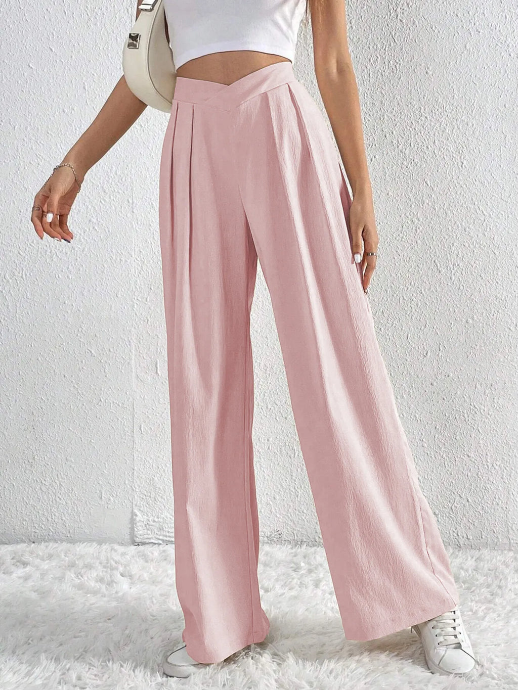 V-waisted Ruched Front Wide Leg Pants (5)
