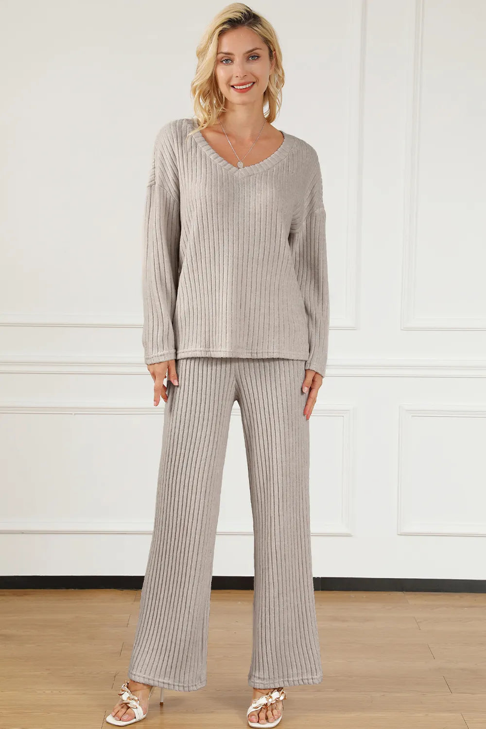 Ribbed V-neck Top Pants Lounge Set
