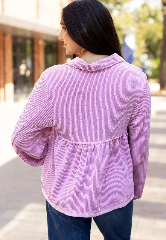 Corded Johnny Collar Long Sleeve Babydoll Blouse (3)