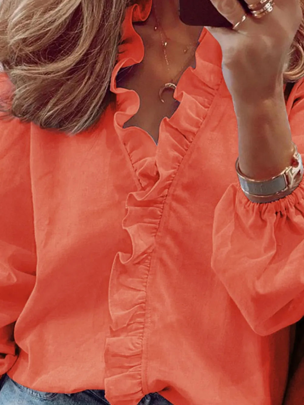 Ruffled V-neck Long Sleeve Blouse (7)