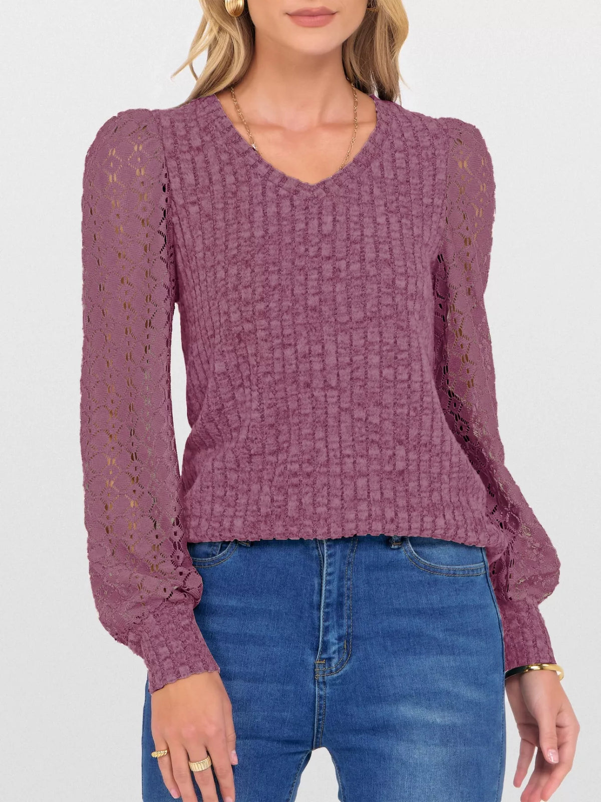 Lace Sleeve V-neck T-shirt (33)