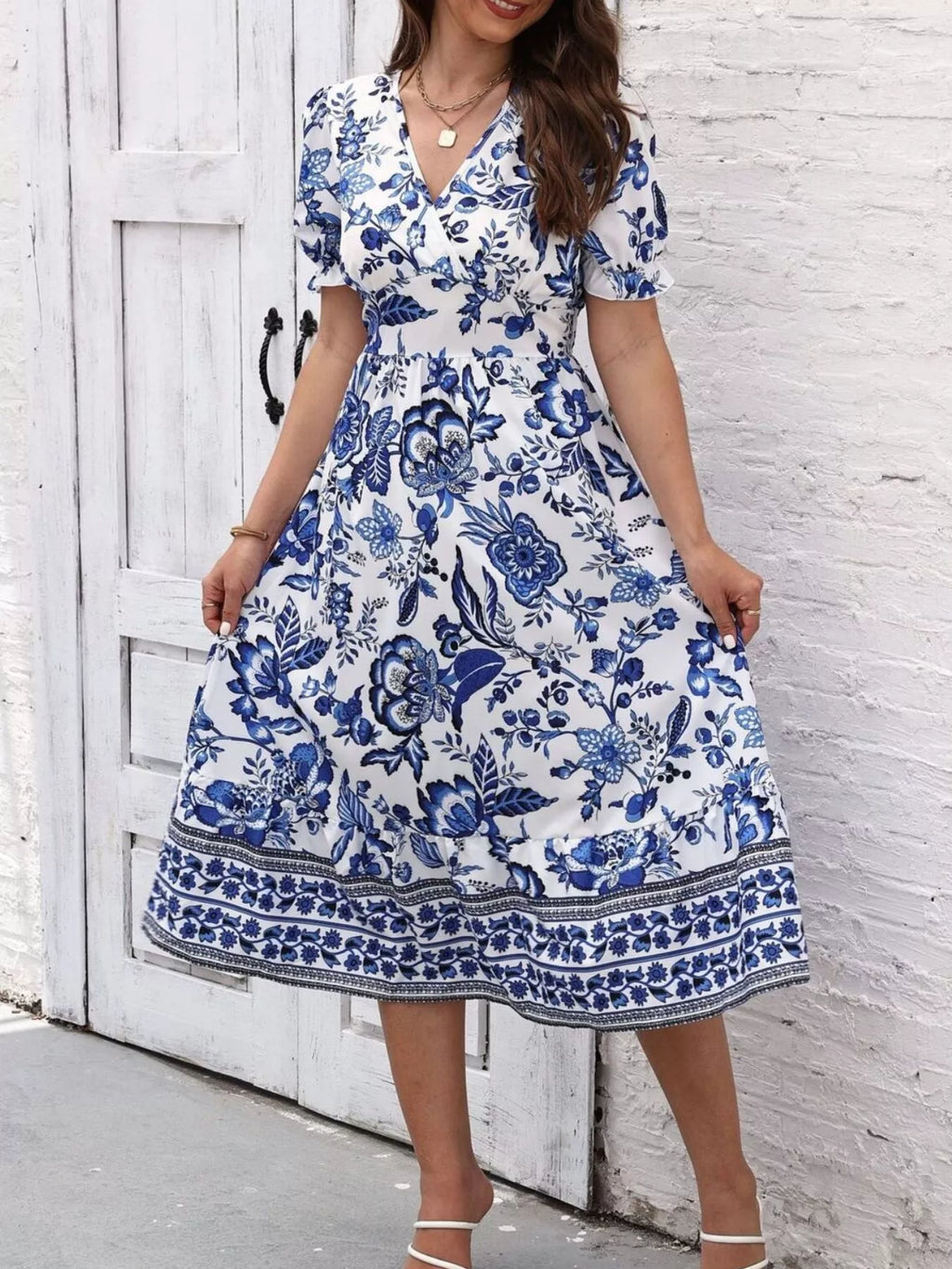 Floral Print Puff Sleeve Wrap Midi Dress (2)