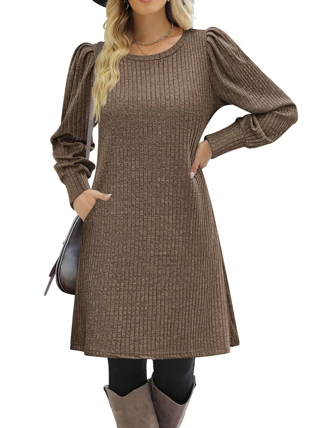 Puff Sleeve Ribbed Knit Dress Pockets (18)