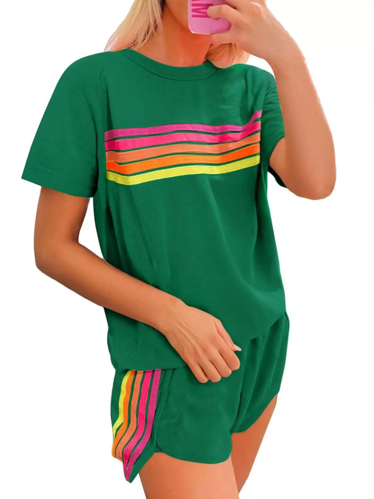 Rainbow Striped Round Neck Top Shorts Set (3)