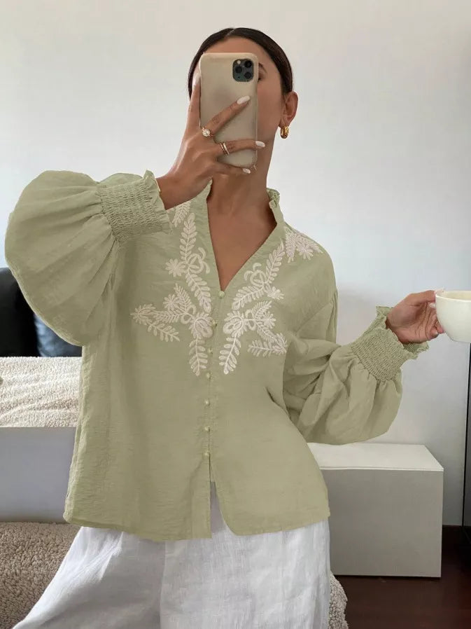 Embroidered Notched Long Sleeve Blouse (13)