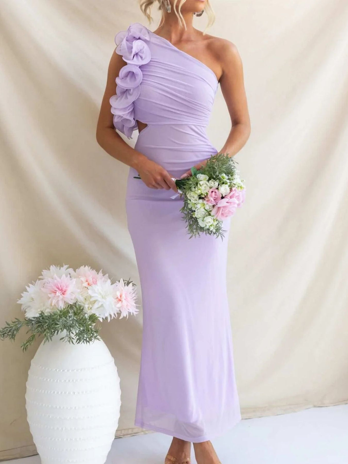 One-shoulder Floral Trim Sleeveless Maxi Dress (15)