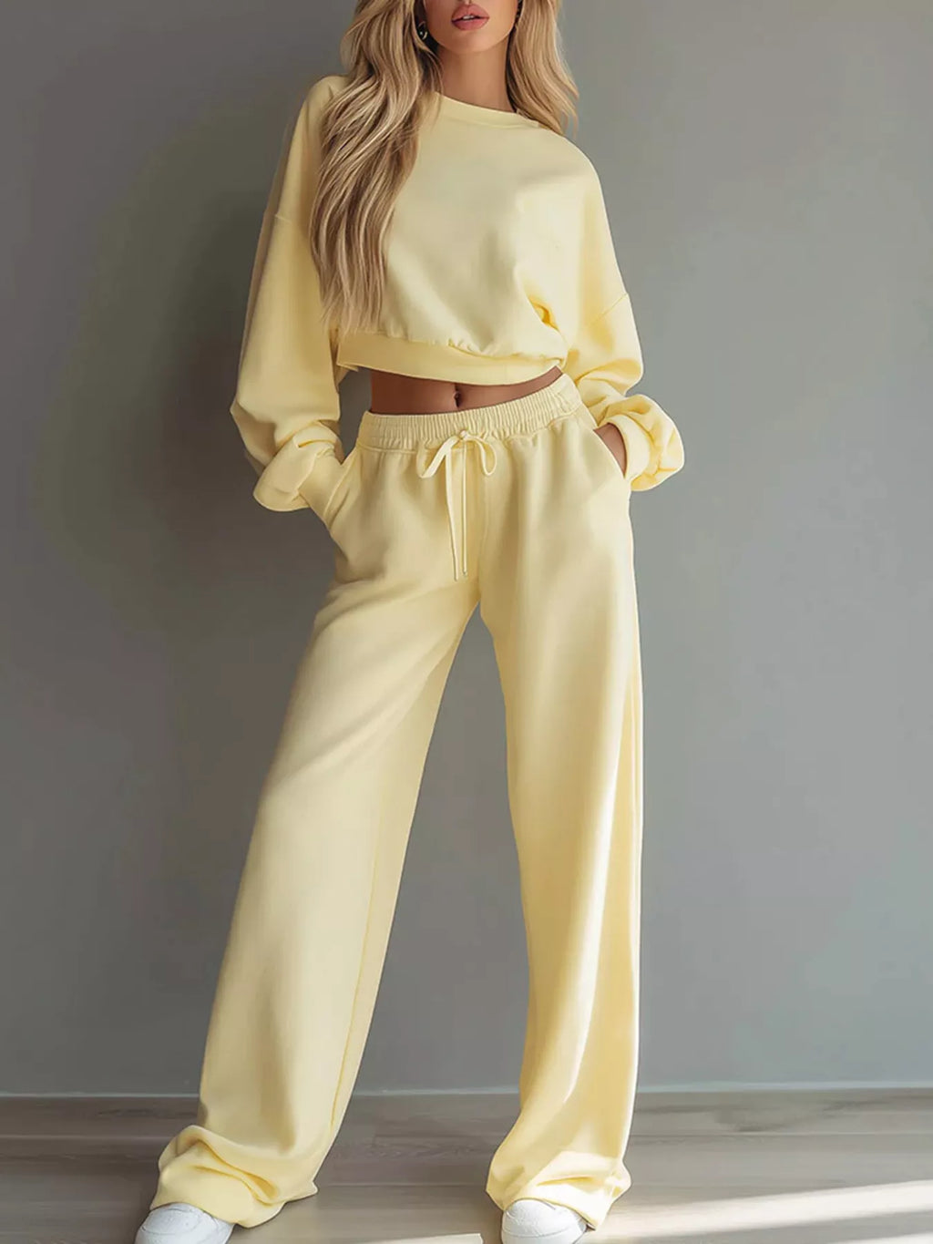 Round Neck Cropped Sweatshirt Wide-leg Pants