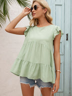 Round Neck Flutter Sleeve Tiered Blouse (5)