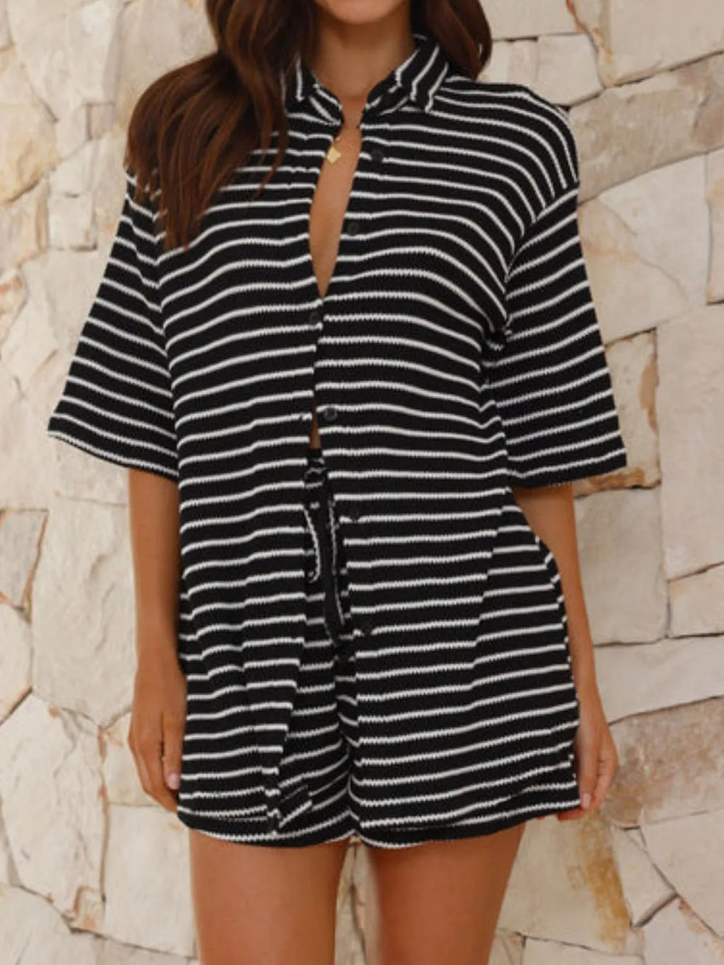 Striped Half Sleeve Top Shorts Set (23)